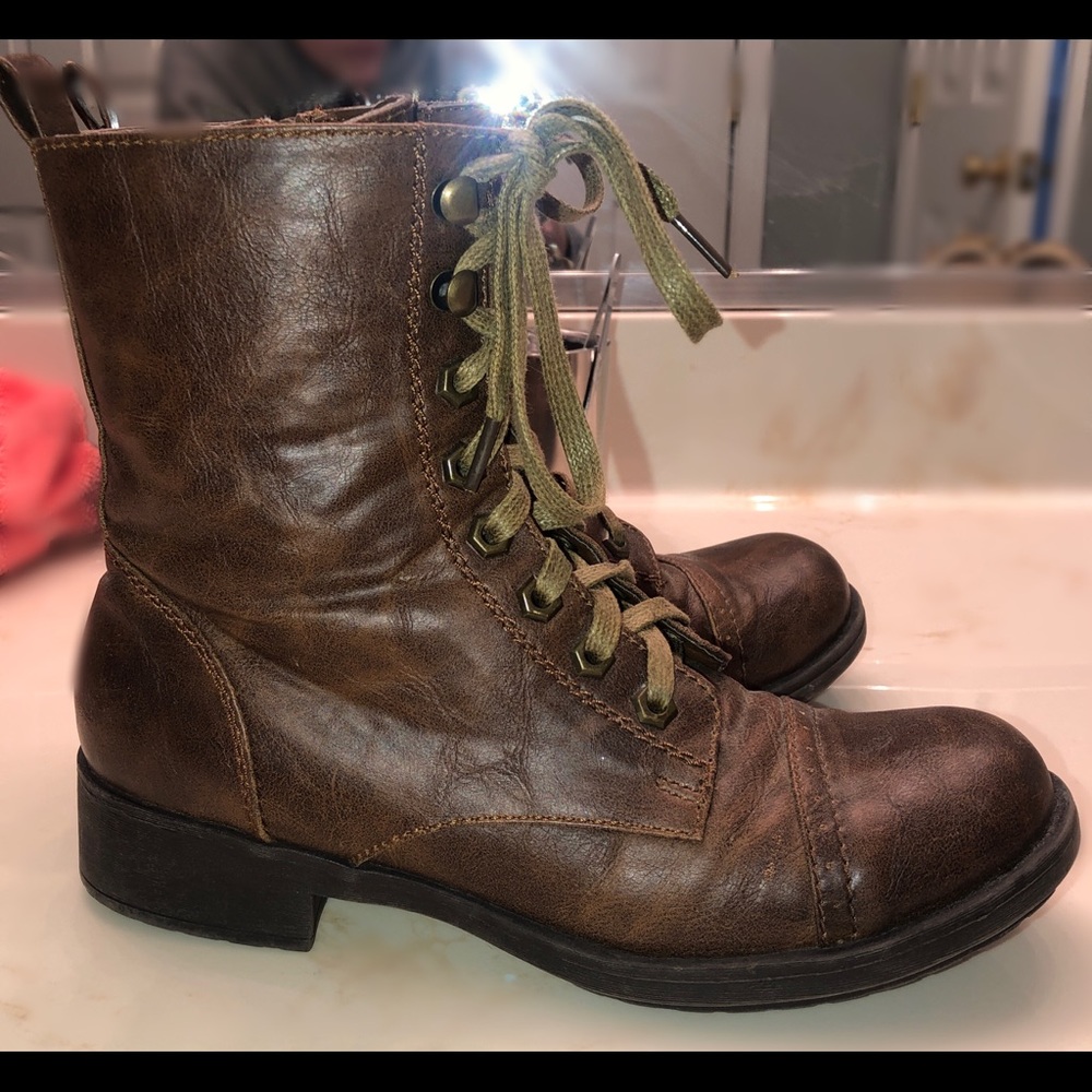 Brown leather combat boots